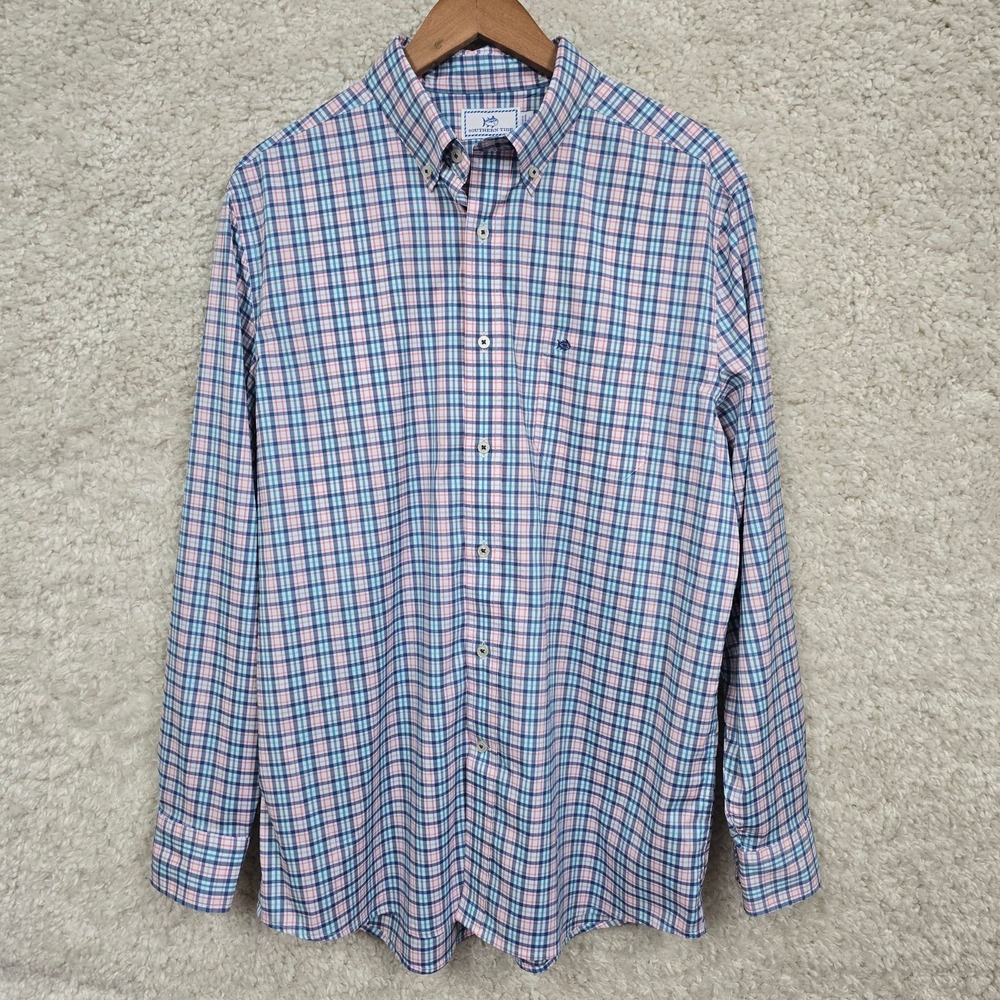 Southern Tide Shirt Mens L Intercoastal Button Down Long Sleeve‎ Plaid Blue Pink